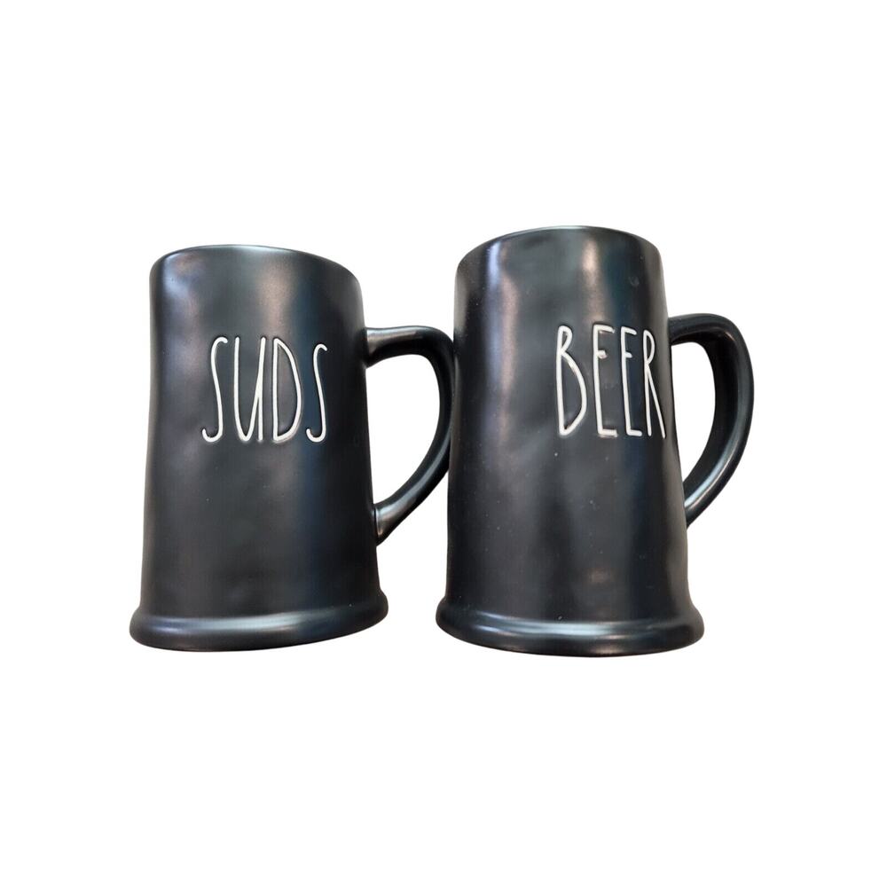 Rae Dunn 'BEER' & 'SUDS'‎ Black Ceramic Steins Pint Size Mugs NWOB 6"H x4 "W